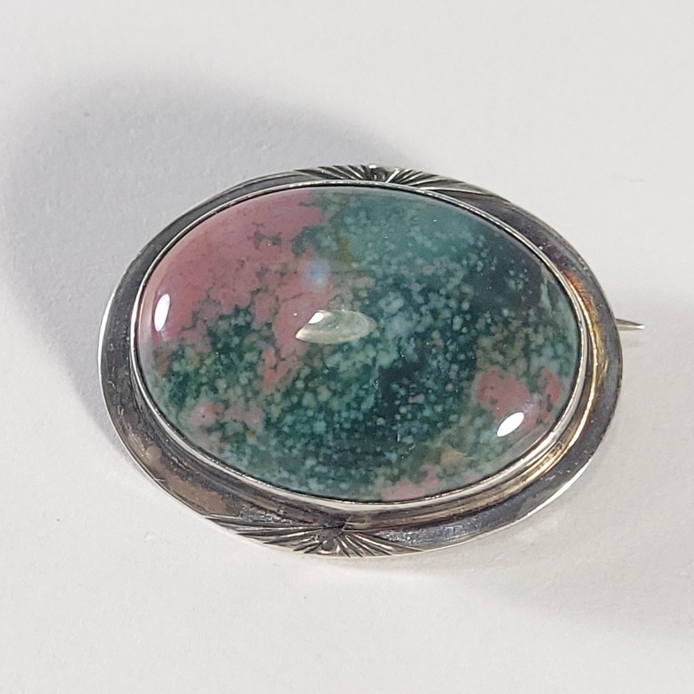 LA Sterling Silver Bloodstone Jasper Brooch Green Red 14g Antique 1920s Jewelry